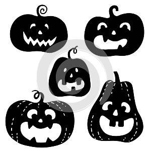 Halloween pumpkin black silhouette with cut face smile. All saints eve symbol. Hand drawn doodle clip art for holiday