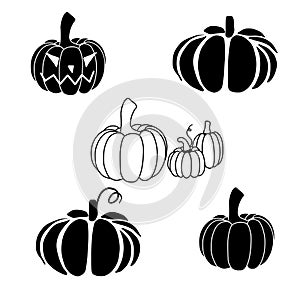 Halloween Pumpkin Black Silhouette And Line Drawing Vector Set