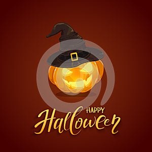 Halloween pumpkin with black witch hat on dark background