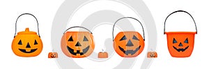 Halloween pumpkin bucket set isolated on white background clipping path for kid collecting candy in Jack o`lantern basket