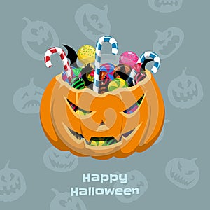 Halloween pumpkin with candies. Scary basket with caramel and lollipop. Greeting card in cartoon style