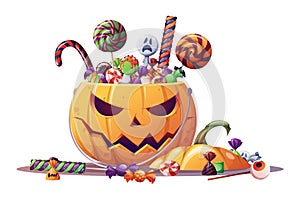 Halloween pumpkin with candies. Pumpkin trick or treat bag. Halloween pumpkin, lollipop and candy. Cartoon sweets