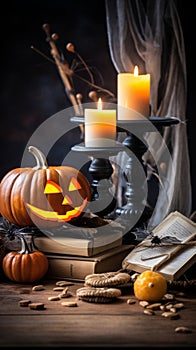 a halloween pumpkin candle and books on a dark table