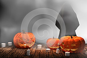 Halloween pumpkin candle lights at wooden planks with deep fog 3