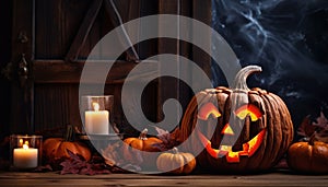 Halloween Pumpkin and Candles on Abandoned Attic - Spooky Ambiance - Generative AI