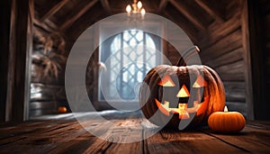 Halloween Pumpkin and Candles on Abandoned Attic - Spooky Ambiance - Generative AI