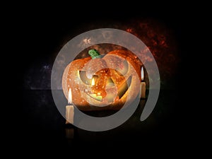 Halloween pumpkin with candles and leaves