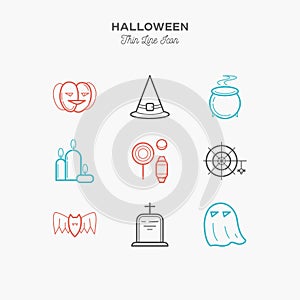 Halloween, pumpkin, candy and more, thin line color icons set