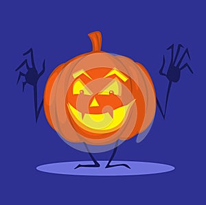 Halloween Pumpkin Cartoon Funny Illustration Shining on Dark Night Blue