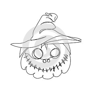 Halloween pumpkin with carved face in a witch hat one line art. Continuous line drawing of halloween theme, gothic