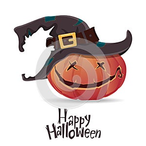 Halloween pumpkin carving in black witch hat. Cartoon vector.