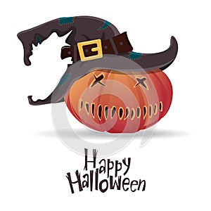 Halloween pumpkin carving in black witch hat. Happy Halloween typography. Cartoon vector.