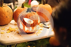Halloween Pumpkin Carving, Eyes Teeth Creepy Smile photo