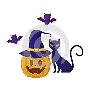 halloween pumpkin with cat and bats flying