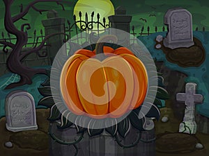 Halloween pumpkin. On cemetery background