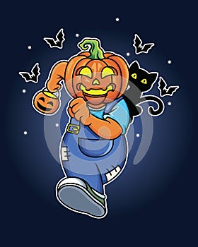 Halloween pumpkin character running. Holiday party. Isolated on navy background with bats and cat