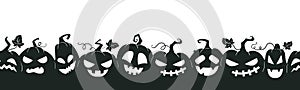 Halloween pumpkin characters banner, scary squash lanterns silhouettes. Spooky funny jack-o-lanterns halloween poster vector