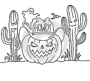 Halloween Pumpkin cowboy vector printable illustration. Halloween pumpkin wearing cowboy hat with howdy text and American desert