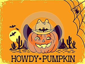 Halloween Pumpkin cowboy with western hat and bandanna. Vector backgrund with cowboy halloween howdy text. photo