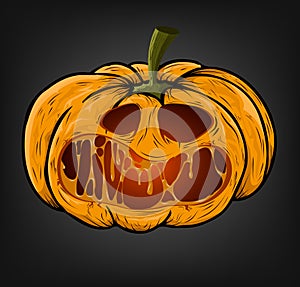 Halloween pumpkin with a creepy face on a dark background. photo