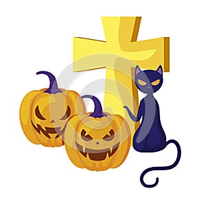 halloween pumpkin with cross and cat
