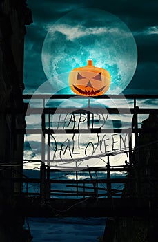 Halloween pumpkin on damaged wooden bridge, Halloween background