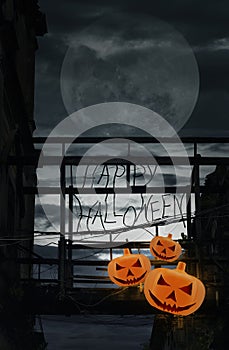 Halloween pumpkin on damaged wooden bridge, Halloween background