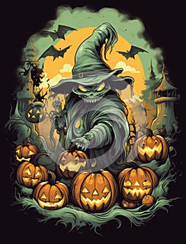 Halloween pumpkin and dark castle on blue moon background, illustration.