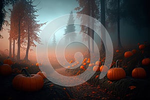 Halloween pumpkin in dark forest with haze. Scary wood on halloween night. Autumn season fine art wallpaper background