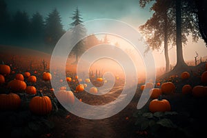 Halloween pumpkin in dark forest with haze. Scary wood on halloween night. Autumn season fine art wallpaper background