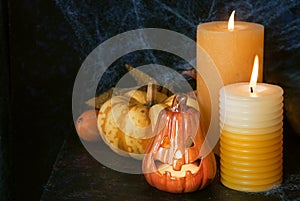 Halloween pumpkin decor with candle