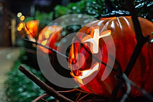 Halloween Pumpkin decorations In the garden for Halloween.