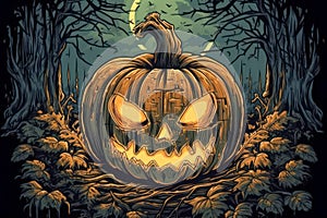 Halloween pumpkin, in the deep scary forest.
