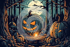 Halloween pumpkin, in the deep scary forest.