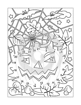 Halloween pumpkin dot-to-dot picture puzzle and coloring page with jack-o-lantern, spiderweb, bats, falling autumn leaves. Answer