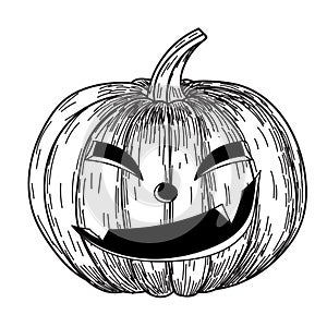 Halloween pumpkin with evil scary smile in funny hand drawing doodle sketch style.