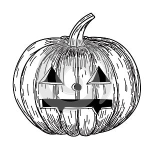 Halloween pumpkin with evil scary smile in funny hand drawing doodle sketch style.