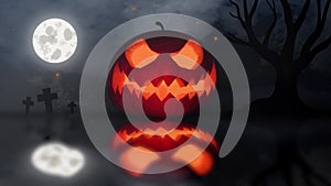 Halloween pumpkin face background with fireflies, night cemetery, full moon misty, trees without leaves and swamp water.