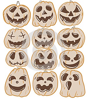 Halloween pumpkin face cute cartoon characteristic character emotions, individual elements on a white background set autumn