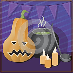 Halloween pumpkin with face, magic potion as a Halloween party concept, vector stock illustration as invitation or greeting