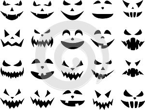 Halloween pumpkin face patterns on white.