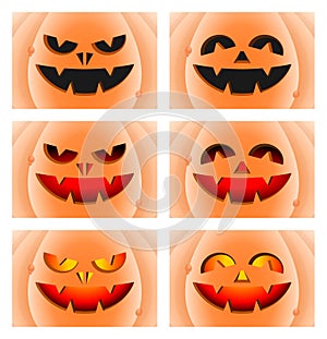Halloween pumpkin faces close-up set. Angry and happy expressions