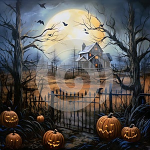 Halloween pumpkin field with a metal fence and a sinister mansion