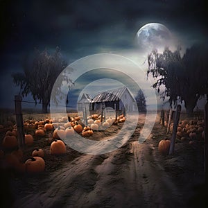 Halloween pumpkin field with an old farm in the background