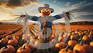 halloween pumpkin on the field with scarecrow