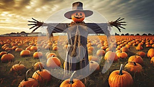 halloween pumpkin on the field with scarecrow