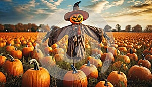 halloween pumpkin on the field with scarecrow