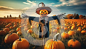 halloween pumpkin on the field with scarecrow