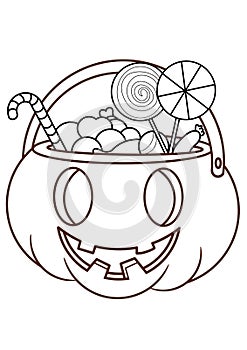 Halloween pumpkin filled with candy chocolate Coloring pages for kids book publishing printing printable version lollipop popsicle