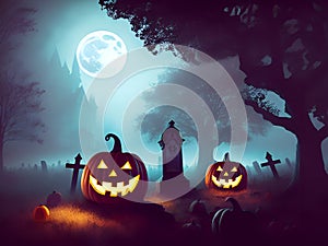 Halloween pumpkin in the foggy forest graveyard. Generative Ai